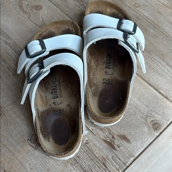 Birkenstock White Double Strap Sandals with Silver Buckles - Picture 3 of 6